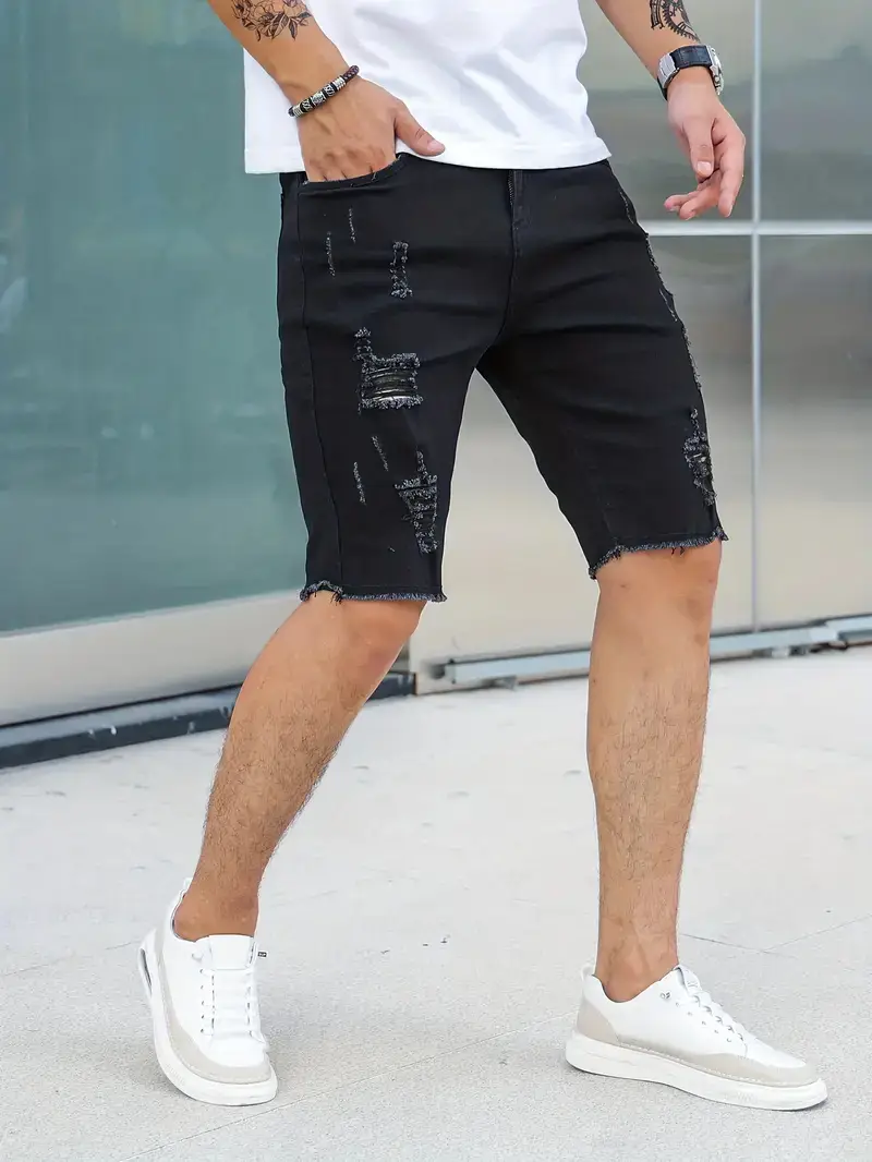 Men Denim Shorts with Holes, Slim Fit, Blue, Casual Summer — feature 8