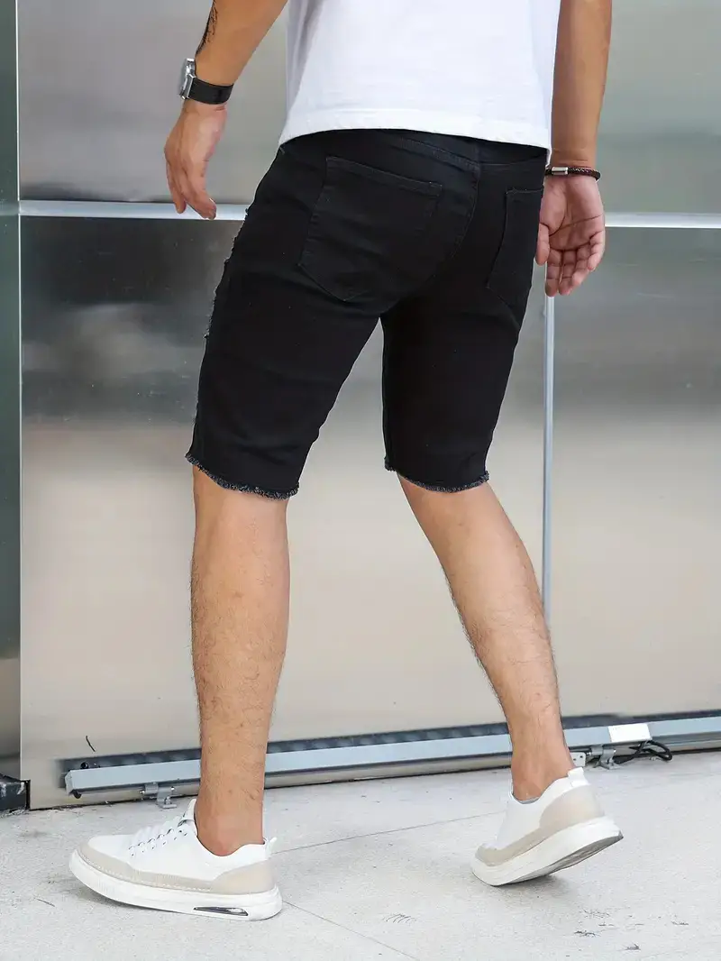 Men Denim Shorts with Holes, Slim Fit, Blue, Casual Summer — feature 9