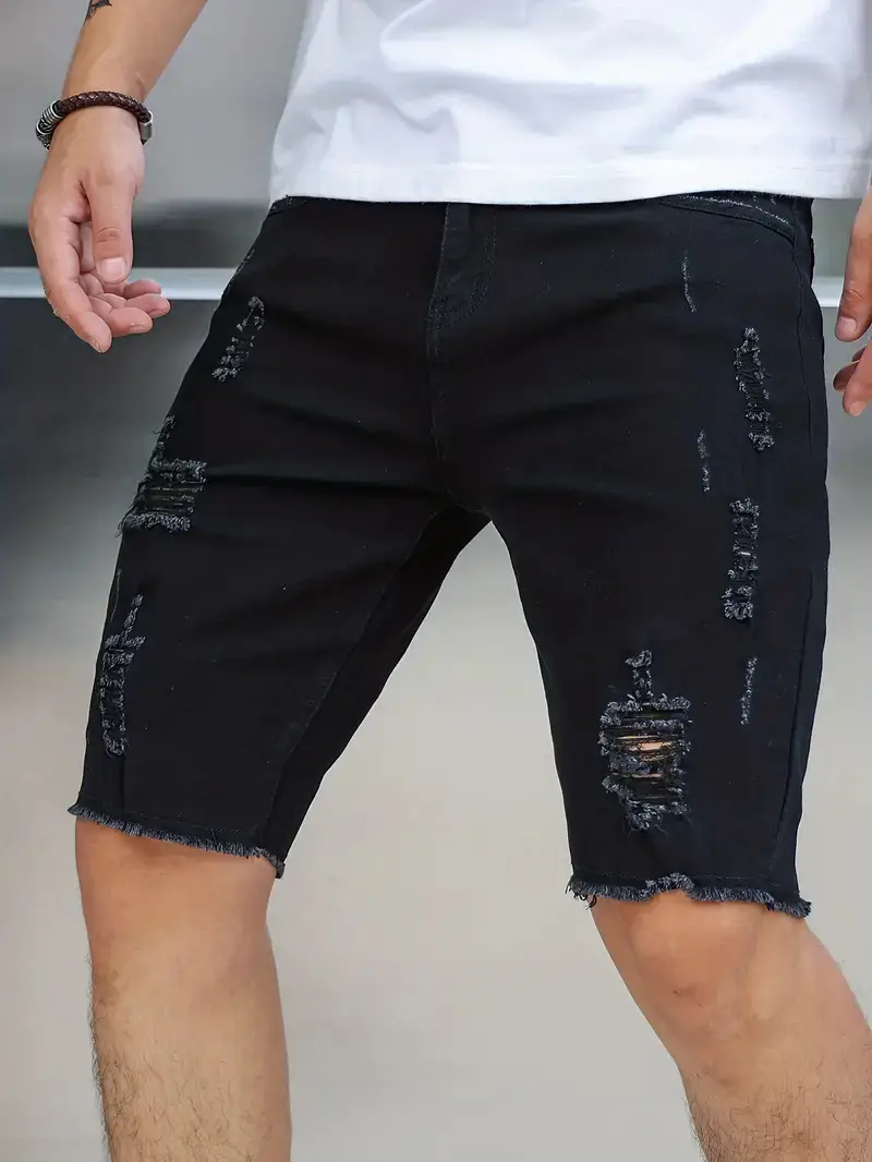 Men Denim Shorts with Holes, Slim Fit, Blue, Casual Summer - Image 2