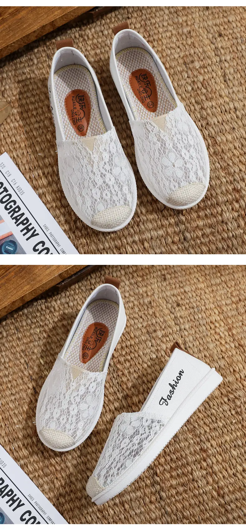 Women's White Lace Slip-on Flat Shoes — feature 10