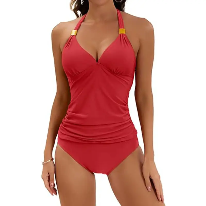 Women's Olive Green V-Neck Two-Piece Swimsuit with Shorts - Image 8
