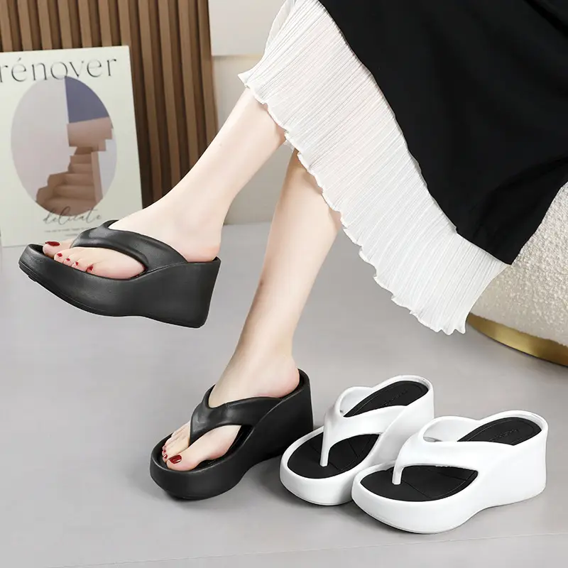 Cross-border new 2024 Summer thick-soled flip-flops women's outer wear flip-flops wedge heel height increasing platform comfortable Internet celebrity slippers - Image 4