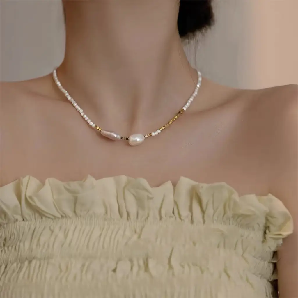 Pearl Clavicle Necklace with Gold Plated Beads - Image 4