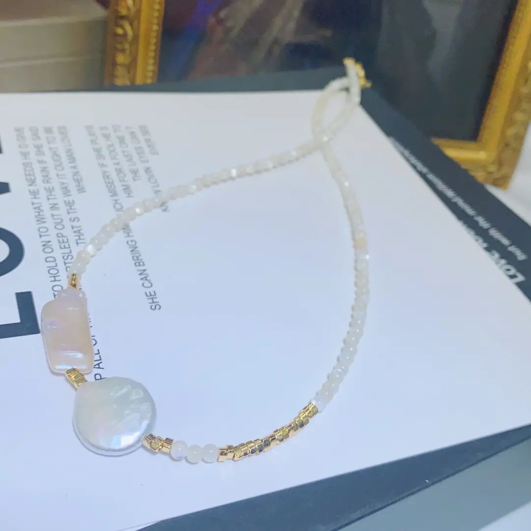 Pearl Clavicle Necklace with Gold Plated Beads - Image 5