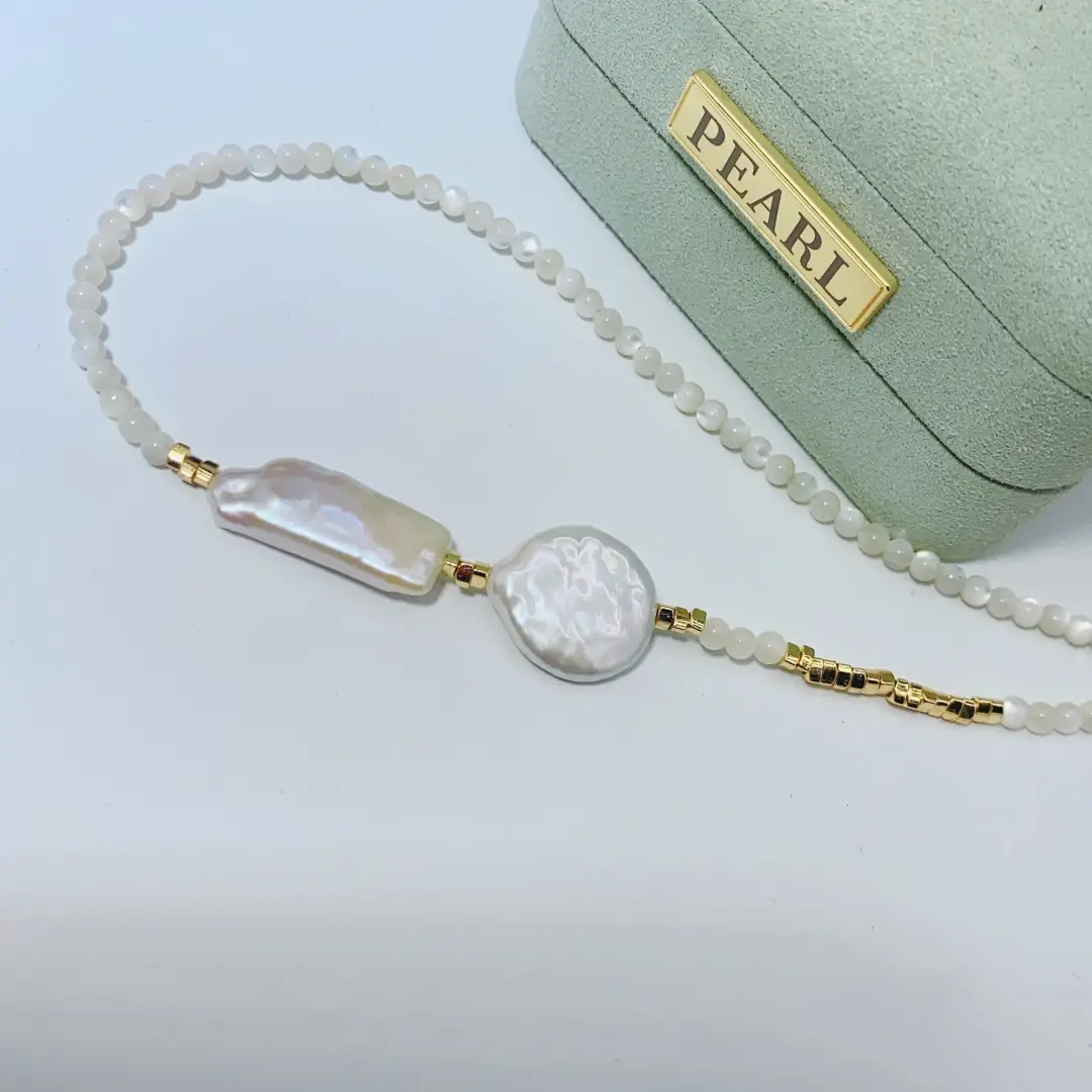 Pearl Clavicle Necklace with Gold Plated Beads - Image 6
