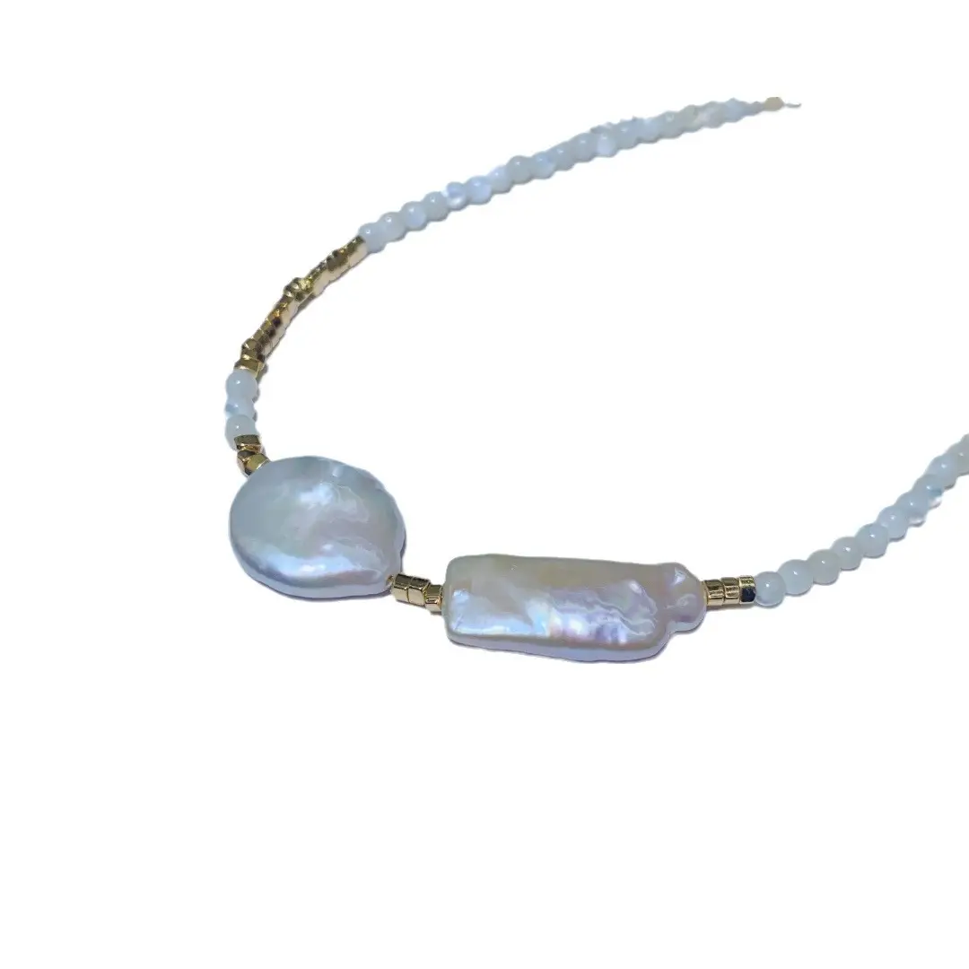 Pearl Clavicle Necklace with Gold Plated Beads - Image 7