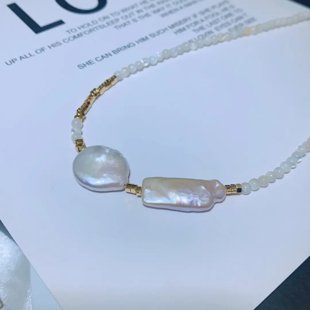 Pearl Clavicle Necklace with Gold Plated Beads — feature 5