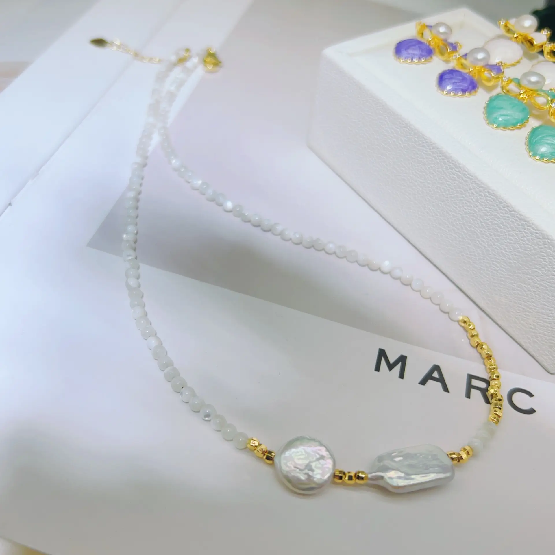 Pearl Clavicle Necklace with Gold Plated Beads — feature 6