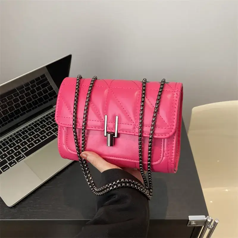 Women Rhombic Chain Shoulder Bag Pink Small Crossbody Phone Bag