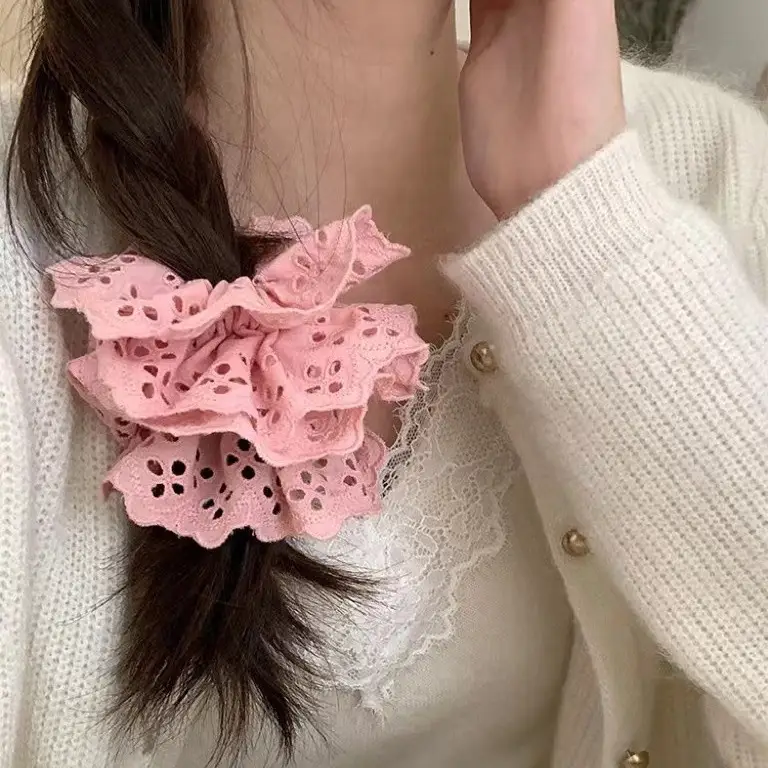 White Lace Hair Scrunchie with Pink Clamp