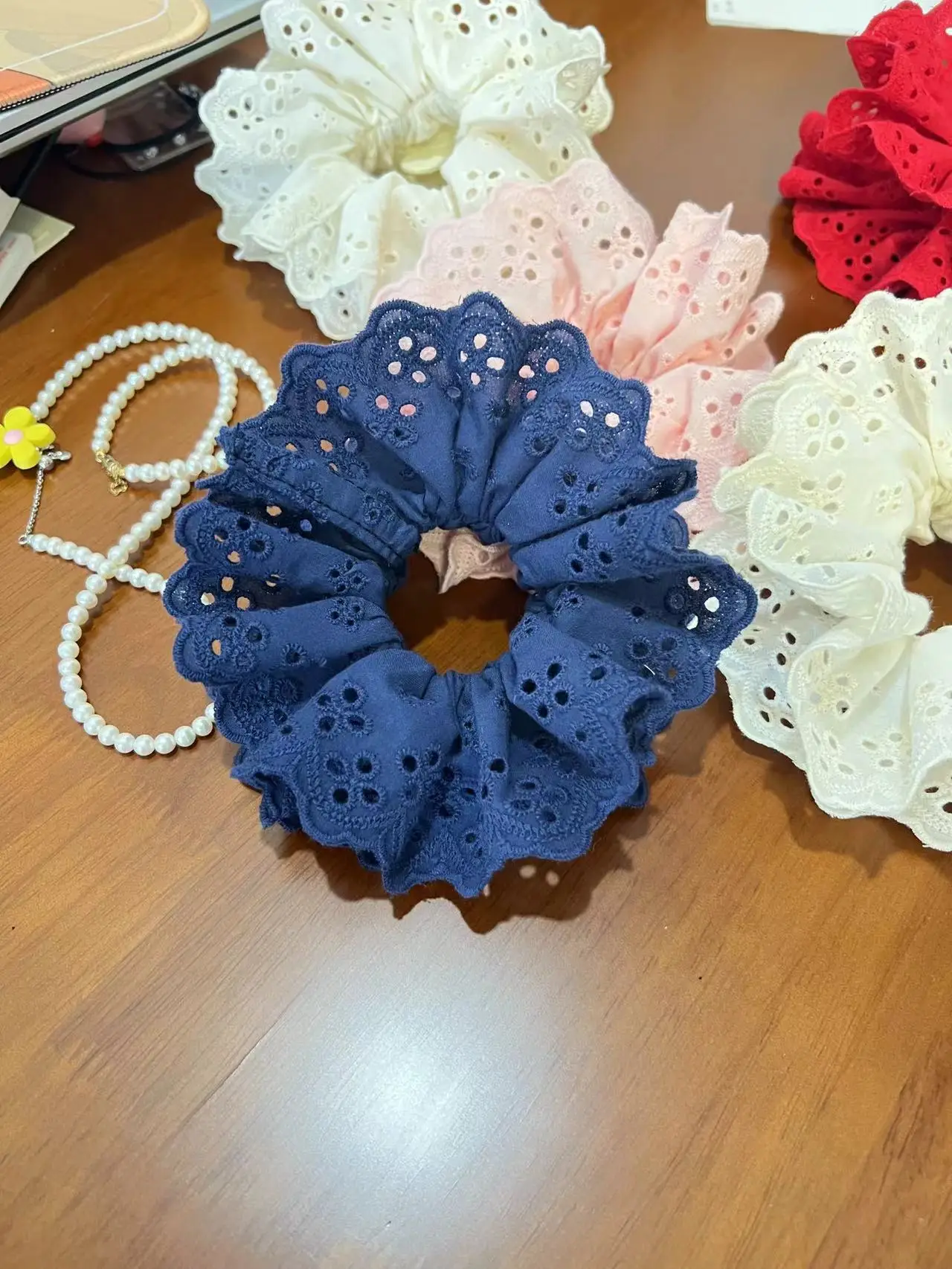 White Lace Hair Scrunchie with Pink Clamp