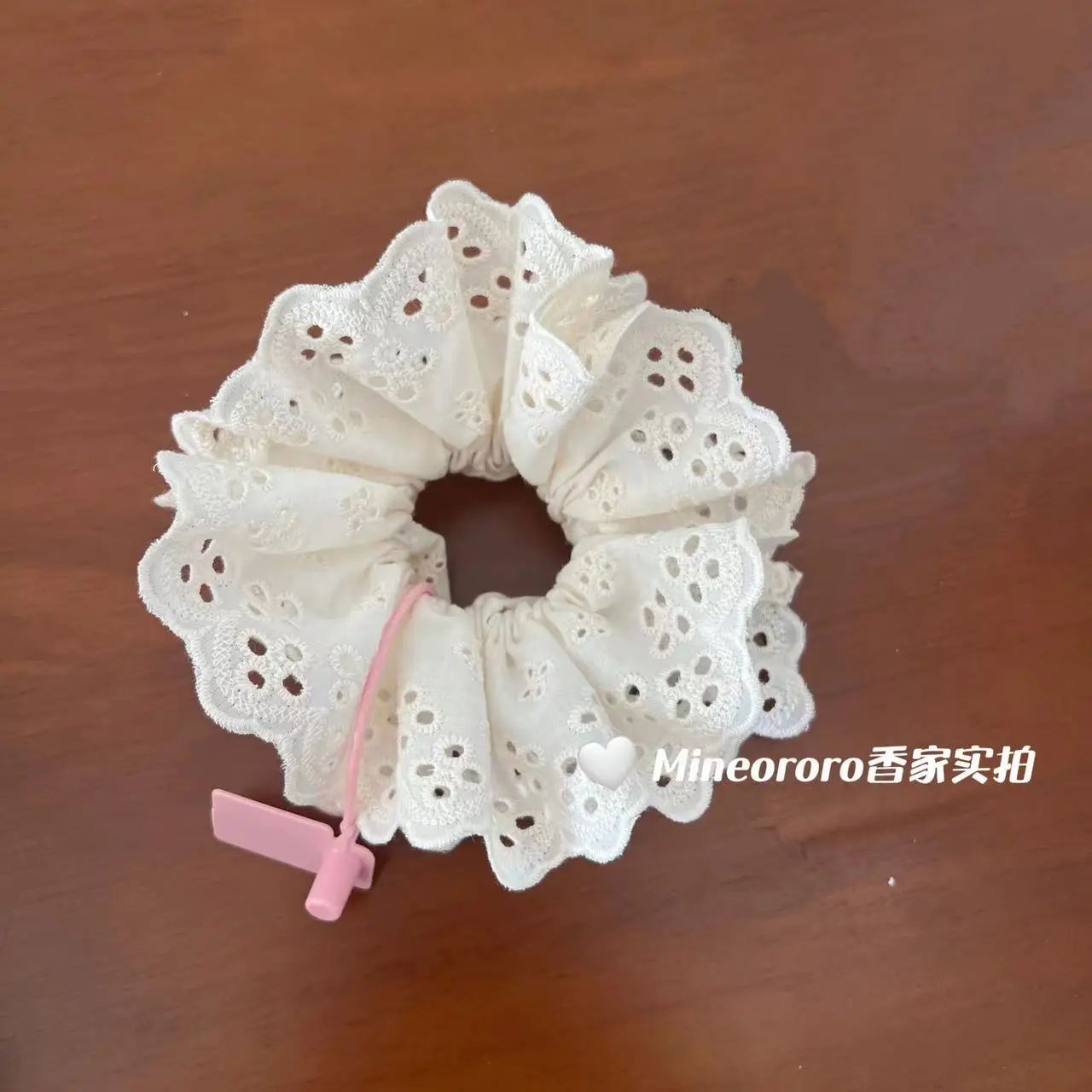 White Lace Hair Scrunchie with Pink Clamp
