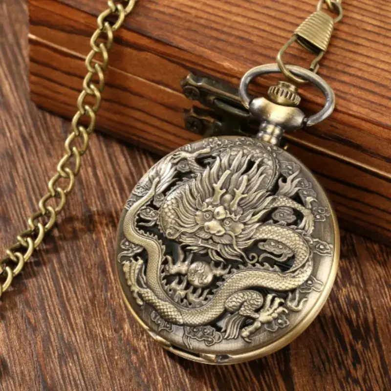 Bronze Dragon Dial Pocket Watch Gift Necklace Pendant