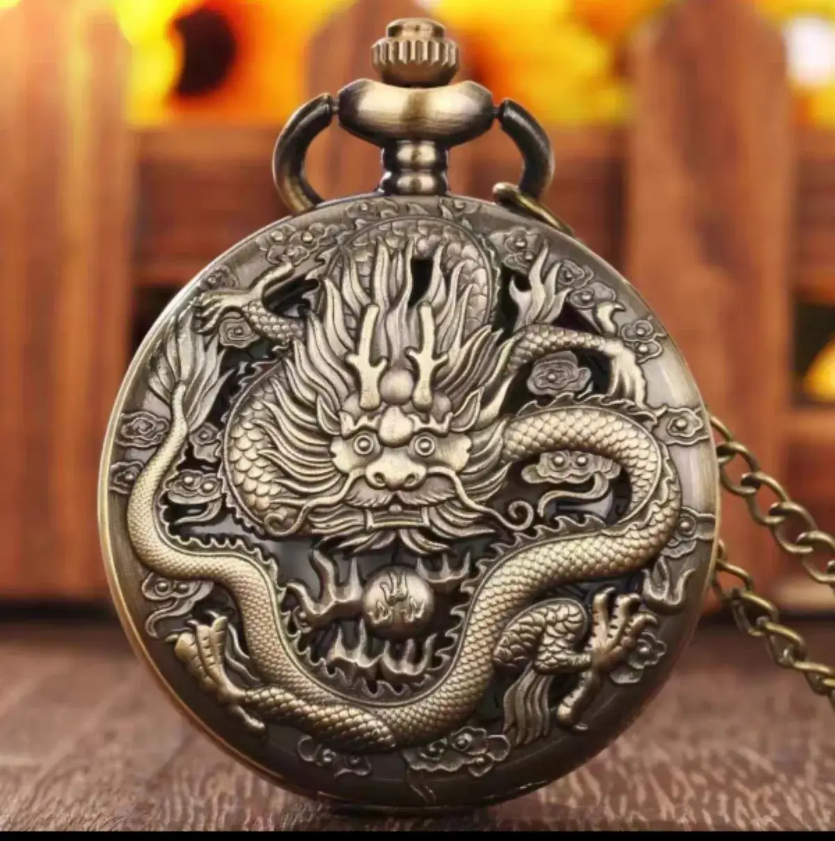 Bronze Dragon Dial Pocket Watch Gift Necklace Pendant