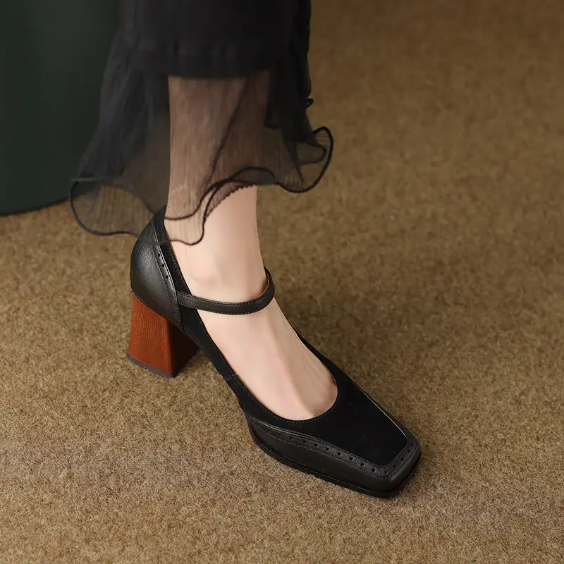 French-Style Retro Brown Chunky Heel Square-Toe High-Heeled Shoes with a Single Strap, Shallow Mouth, and Elegant Mary Jane Design for Women - Image 6