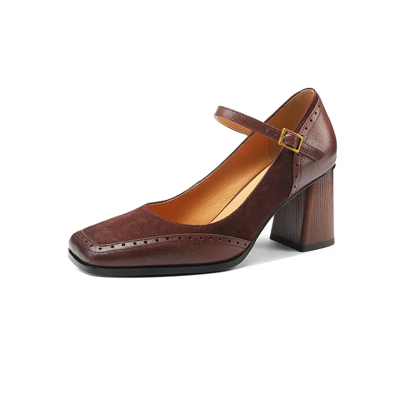 French-Style Retro Brown Chunky Heel Square-Toe High-Heeled Shoes with a Single Strap, Shallow Mouth, and Elegant Mary Jane Design for Women - Image 7
