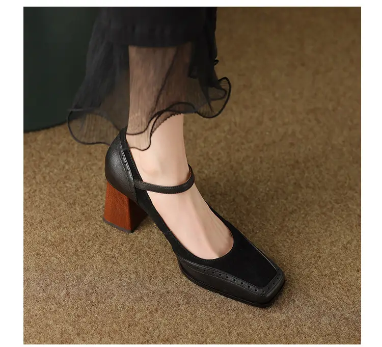 French-Style Retro Brown Chunky Heel Square-Toe High-Heeled Shoes with a Single Strap, Shallow Mouth, and Elegant Mary Jane Design for Women — feature 10
