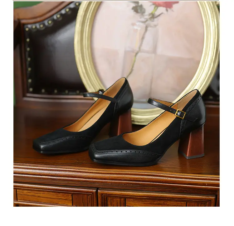 French-Style Retro Brown Chunky Heel Square-Toe High-Heeled Shoes with a Single Strap, Shallow Mouth, and Elegant Mary Jane Design for Women — feature 13