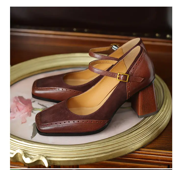 French-Style Retro Brown Chunky Heel Square-Toe High-Heeled Shoes with a Single Strap, Shallow Mouth, and Elegant Mary Jane Design for Women — feature 14