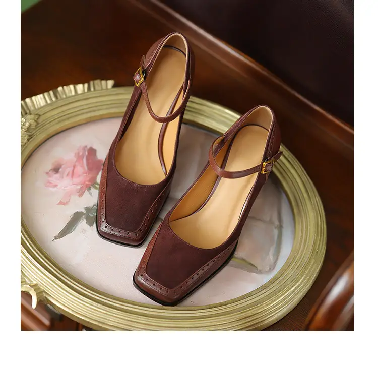 French-Style Retro Brown Chunky Heel Square-Toe High-Heeled Shoes with a Single Strap, Shallow Mouth, and Elegant Mary Jane Design for Women — feature 15