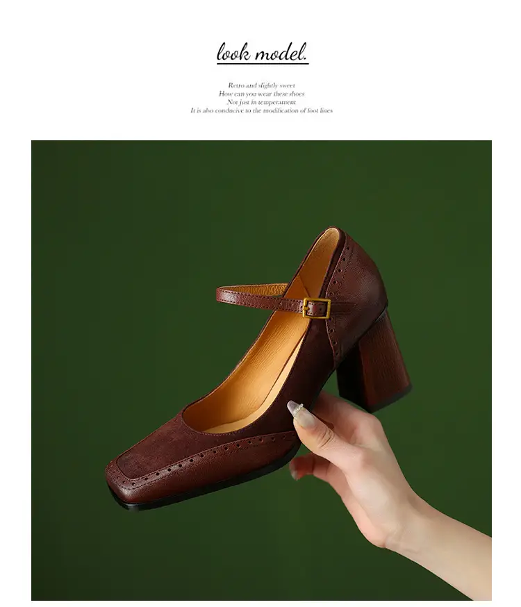 French-Style Retro Brown Chunky Heel Square-Toe High-Heeled Shoes with a Single Strap, Shallow Mouth, and Elegant Mary Jane Design for Women — feature 4