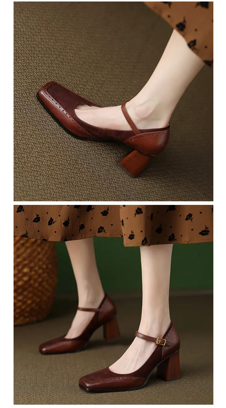 French-Style Retro Brown Chunky Heel Square-Toe High-Heeled Shoes with a Single Strap, Shallow Mouth, and Elegant Mary Jane Design for Women — feature 5
