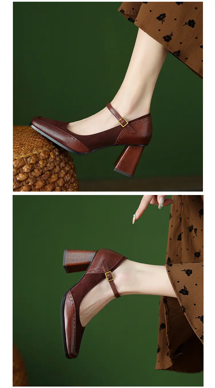 French-Style Retro Brown Chunky Heel Square-Toe High-Heeled Shoes with a Single Strap, Shallow Mouth, and Elegant Mary Jane Design for Women — feature 6