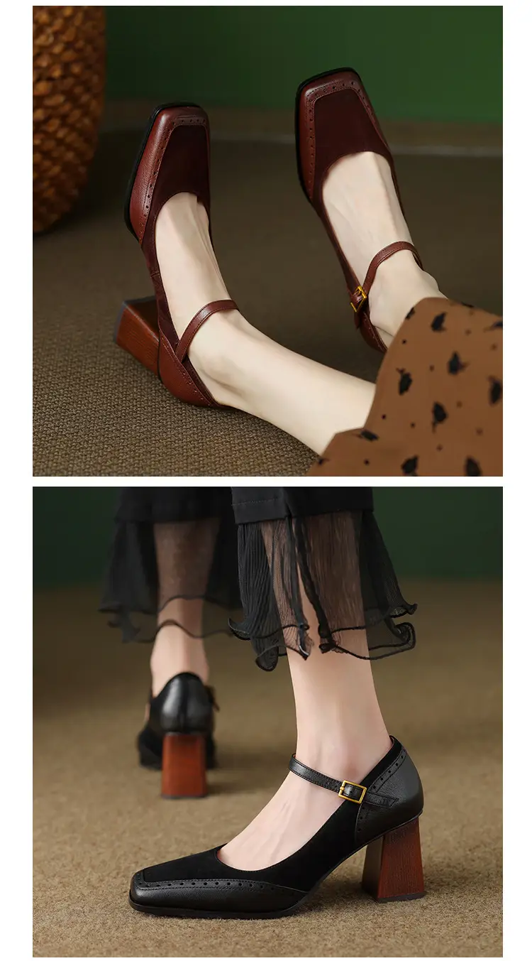 French-Style Retro Brown Chunky Heel Square-Toe High-Heeled Shoes with a Single Strap, Shallow Mouth, and Elegant Mary Jane Design for Women — feature 7