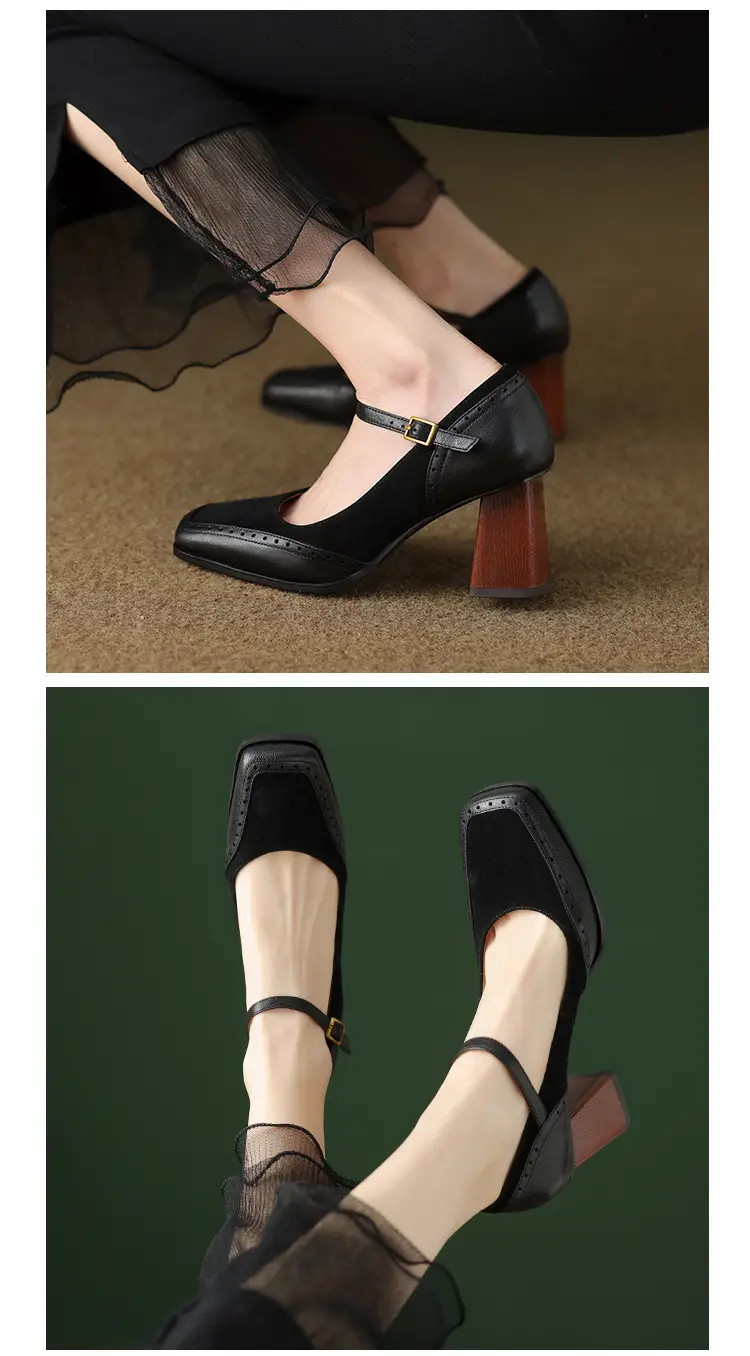 French-Style Retro Brown Chunky Heel Square-Toe High-Heeled Shoes with a Single Strap, Shallow Mouth, and Elegant Mary Jane Design for Women — feature 8