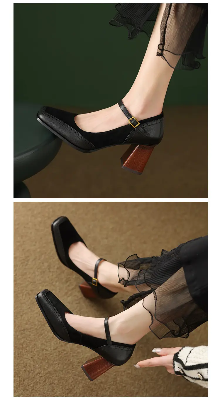 French-Style Retro Brown Chunky Heel Square-Toe High-Heeled Shoes with a Single Strap, Shallow Mouth, and Elegant Mary Jane Design for Women — feature 9