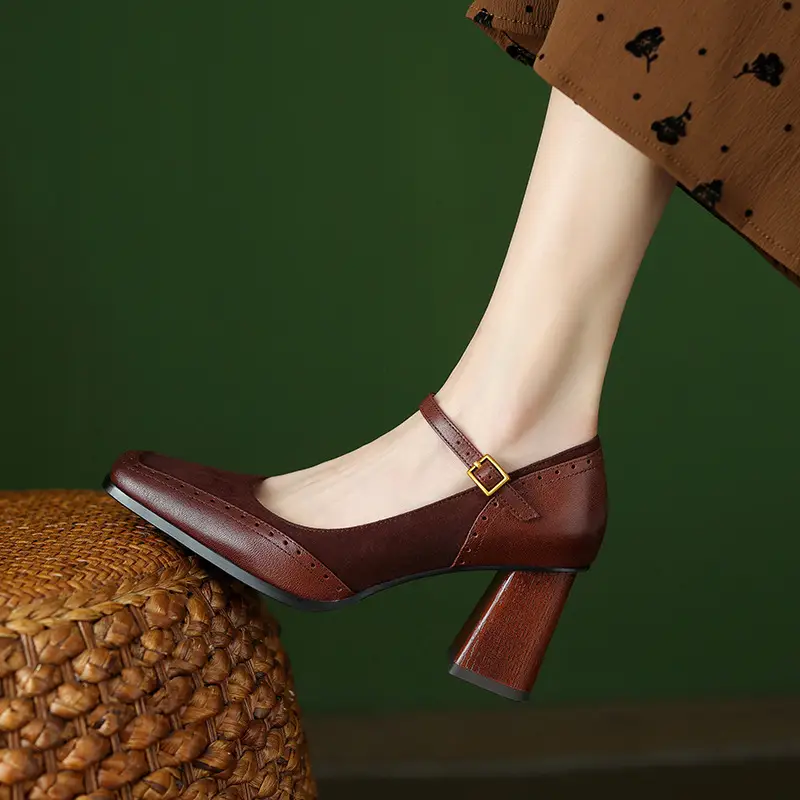 French-Style Retro Brown Chunky Heel Square-Toe High-Heeled Shoes with a Single Strap, Shallow Mouth, and Elegant Mary Jane Design for Women - Image 2
