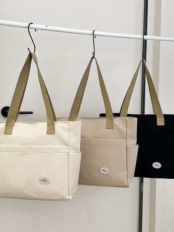 Women Large Canvas Tote Bag Beige Black Sturdy Durable - Image 4