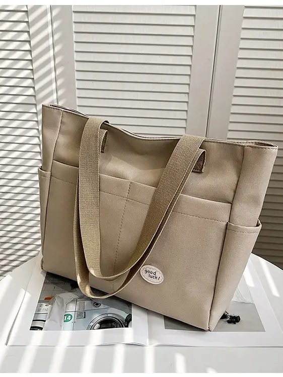Women Large Canvas Tote Bag Beige Black Sturdy Durable - Image 5