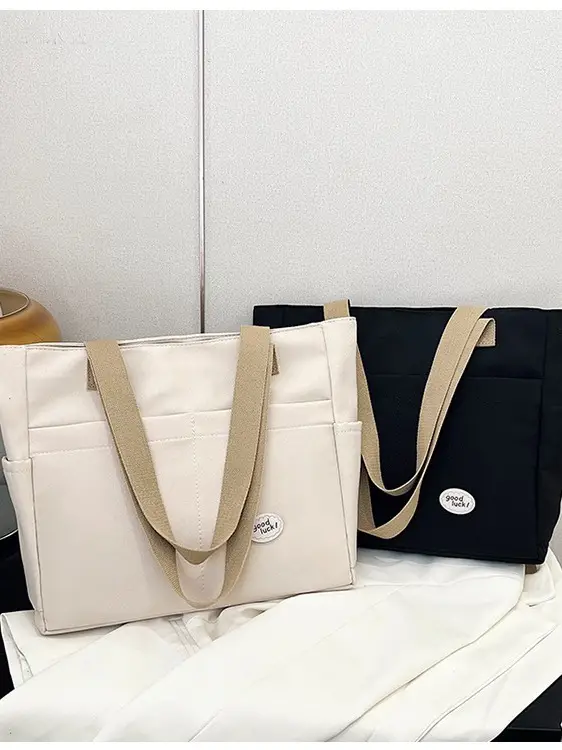 Women Large Canvas Tote Bag Beige Black Sturdy Durable - Image 6