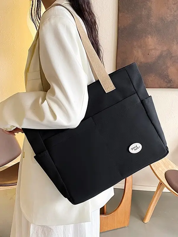 Women Large Canvas Tote Bag Beige Black Sturdy Durable - Image 7