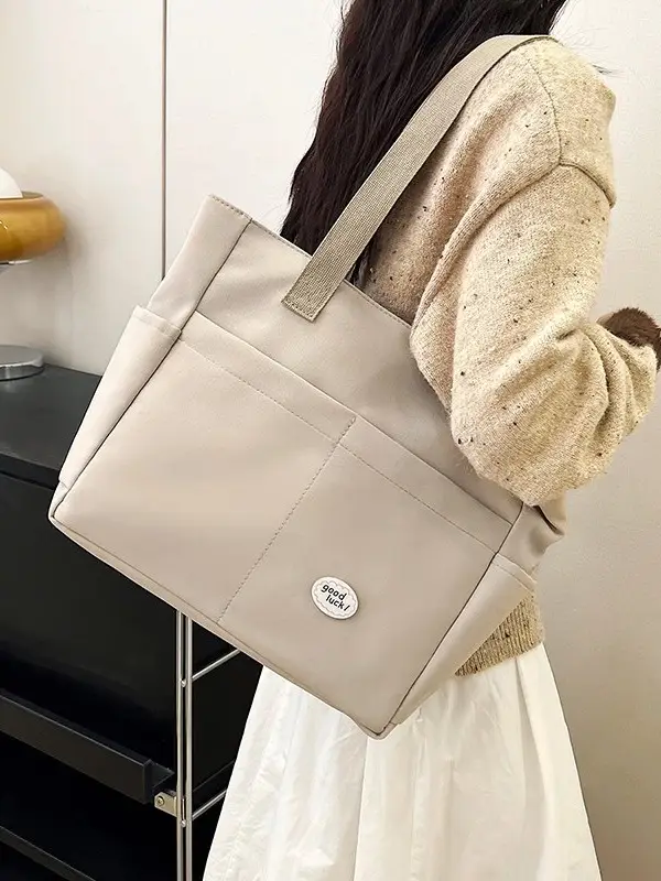 Women Large Canvas Tote Bag Beige Black Sturdy Durable - Image 8