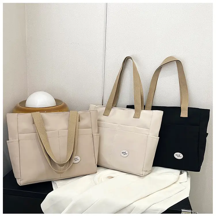 Women Large Canvas Tote Bag Beige Black Sturdy Durable — feature 1