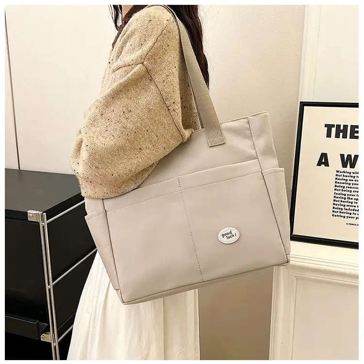 Women Large Canvas Tote Bag Beige Black Sturdy Durable — feature 12