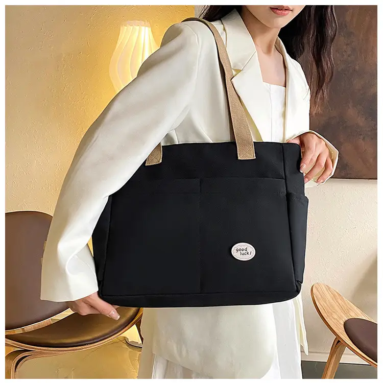 Women Large Canvas Tote Bag Beige Black Sturdy Durable — feature 13