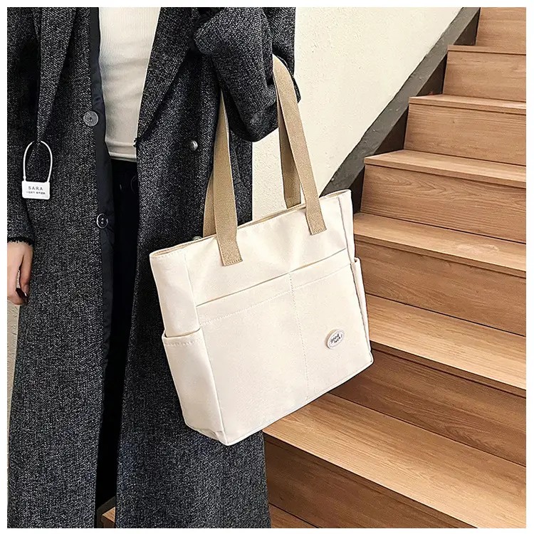 Women Large Canvas Tote Bag Beige Black Sturdy Durable — feature 14