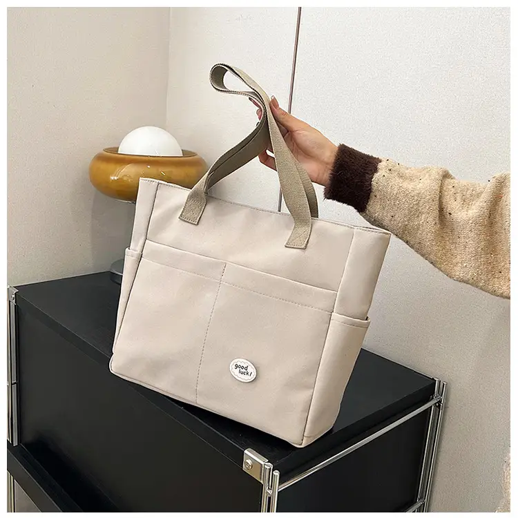 Women Large Canvas Tote Bag Beige Black Sturdy Durable — feature 15