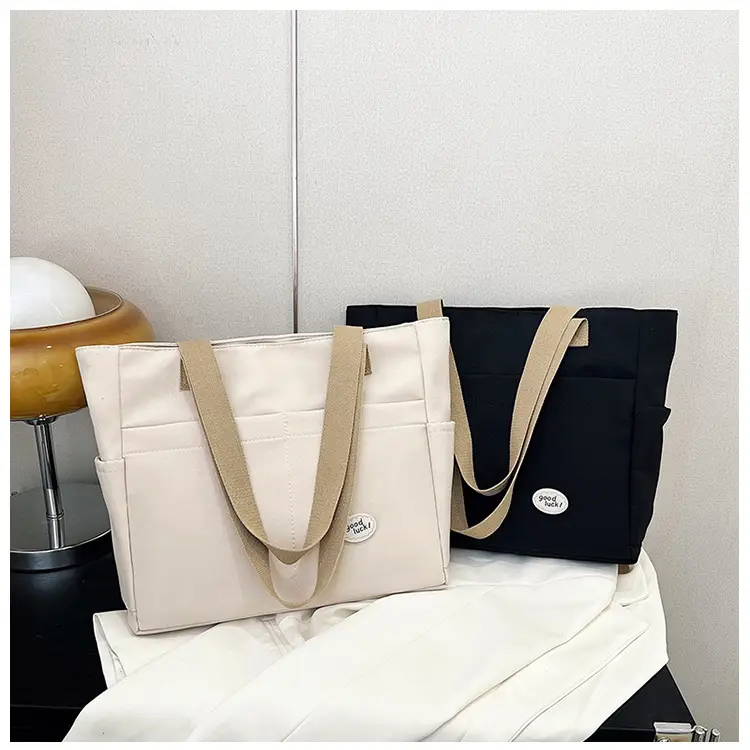 Women Large Canvas Tote Bag Beige Black Sturdy Durable — feature 16
