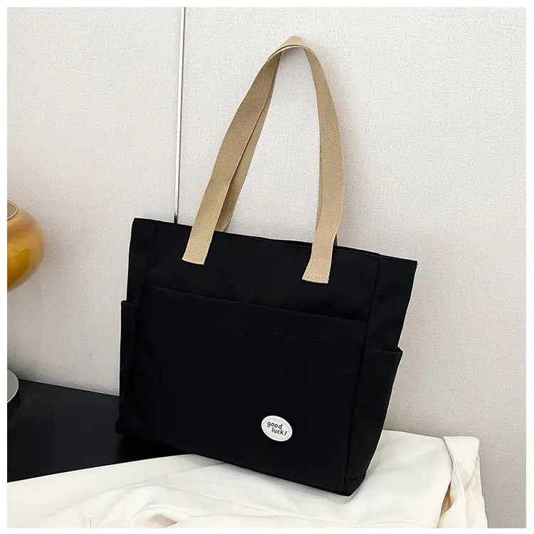 Women Large Canvas Tote Bag Beige Black Sturdy Durable — feature 17