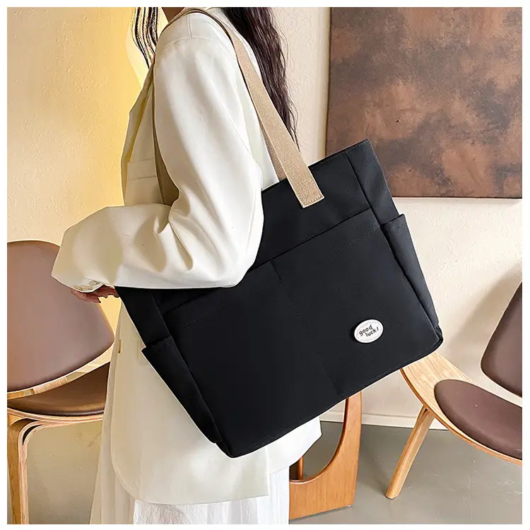 Women Large Canvas Tote Bag Beige Black Sturdy Durable — feature 18