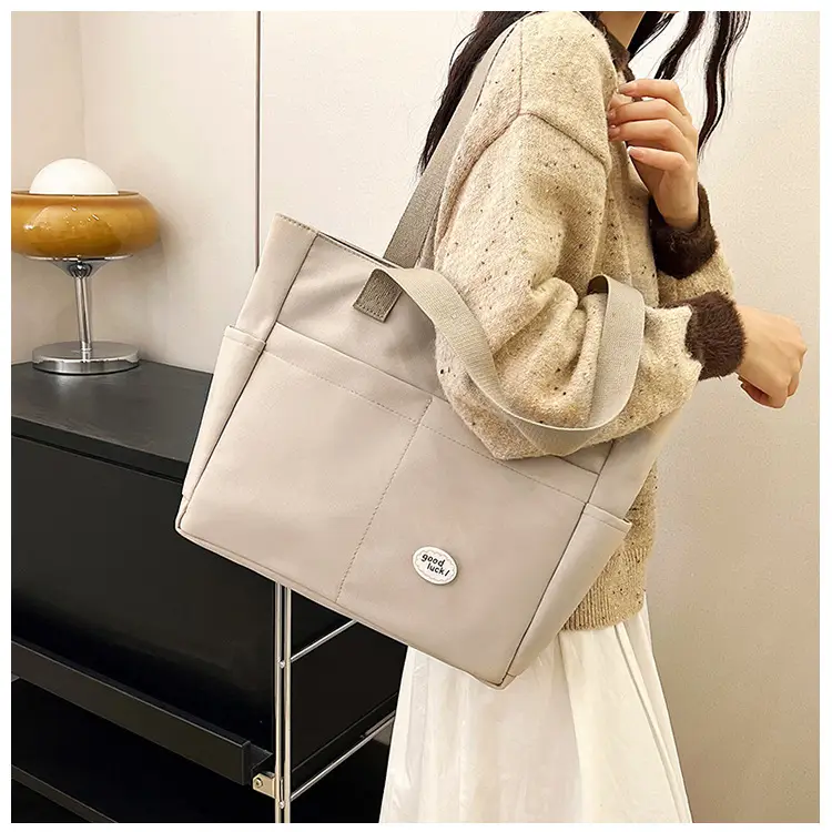 Women Large Canvas Tote Bag Beige Black Sturdy Durable — feature 19
