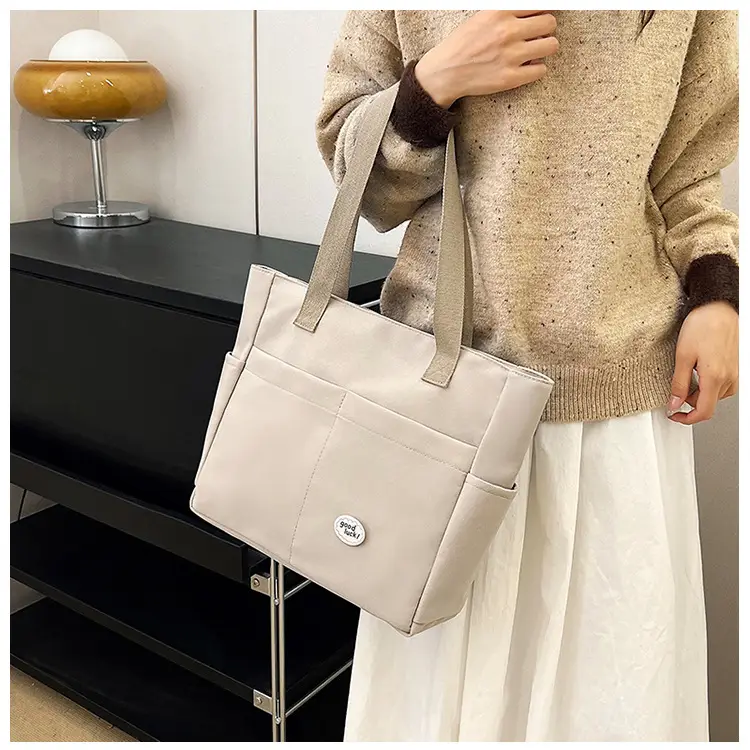 Women Large Canvas Tote Bag Beige Black Sturdy Durable — feature 2