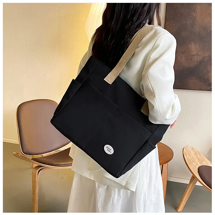 Women Large Canvas Tote Bag Beige Black Sturdy Durable — feature 20