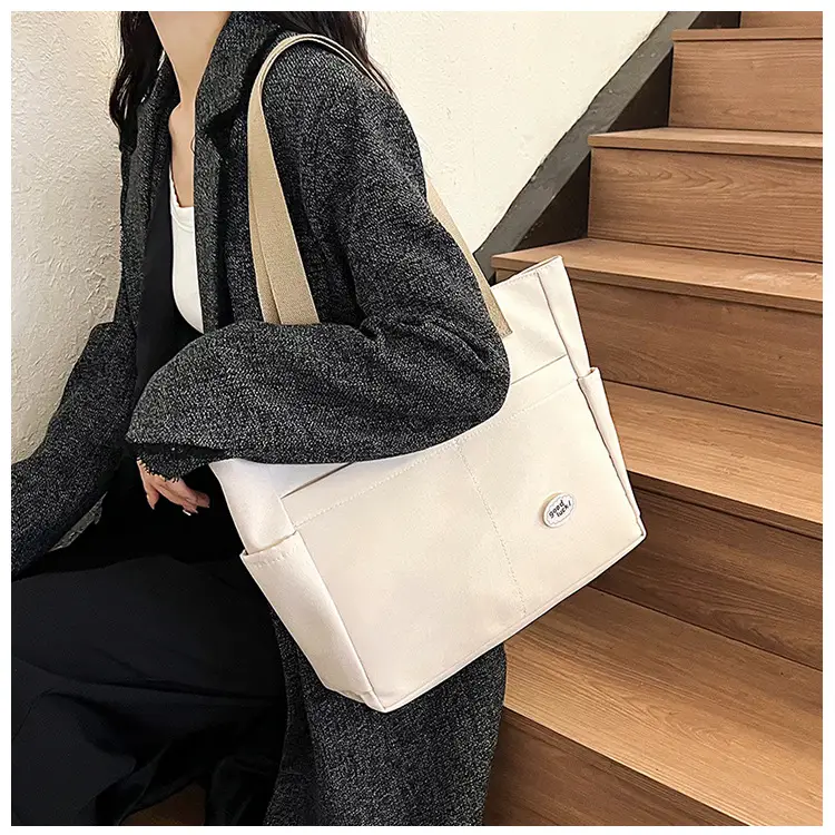 Women Large Canvas Tote Bag Beige Black Sturdy Durable — feature 21