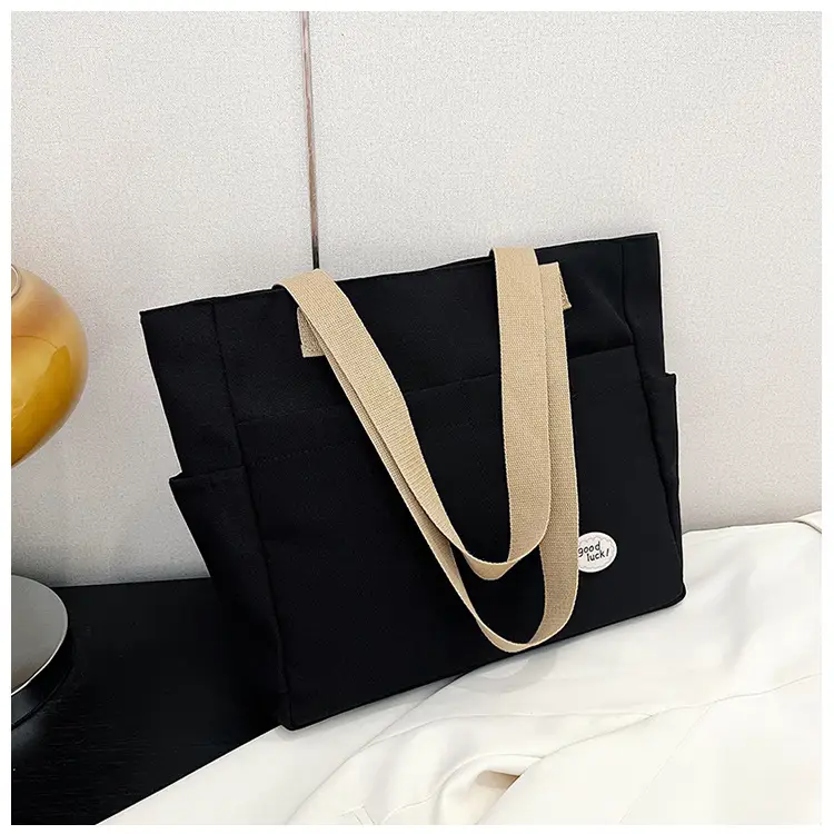 Women Large Canvas Tote Bag Beige Black Sturdy Durable — feature 22