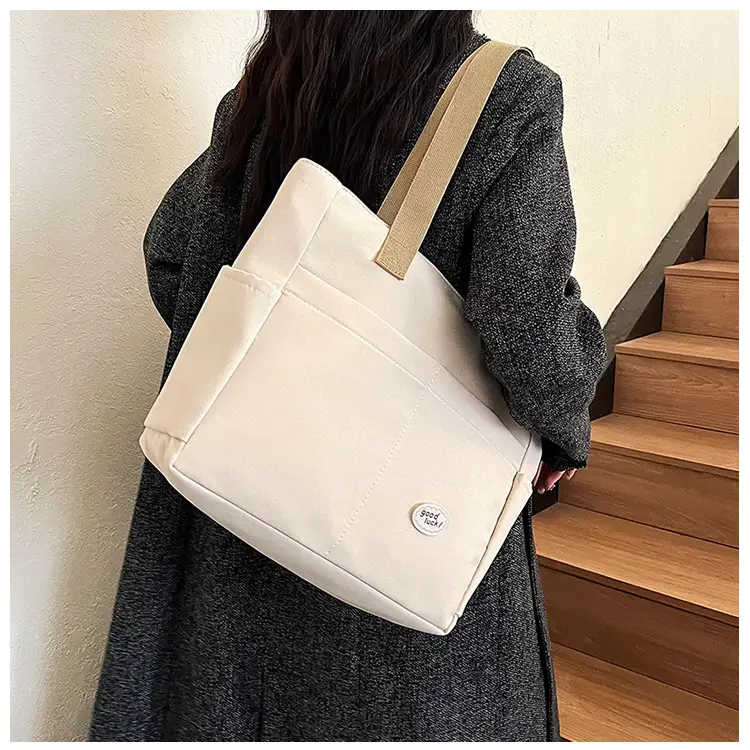 Women Large Canvas Tote Bag Beige Black Sturdy Durable — feature 25